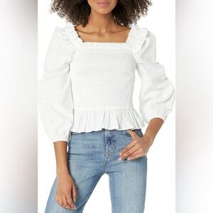 The Drop Women's Marisol Long-Sleeve Cotton White Ruffle Smocked Top Size XXS